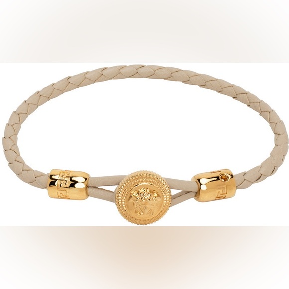 Versace Jewelry - Versace Unisex Beige/Cream Braided Leather Bracelet w/ Gold Medusa Head Details